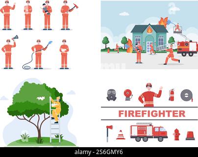 Pompiers avec des moteurs d'incendie de maison, aider les gens et les animaux, utilisant l'équipement de sauvetage dans diverses situations. Illustration vectorielle Illustration de Vecteur