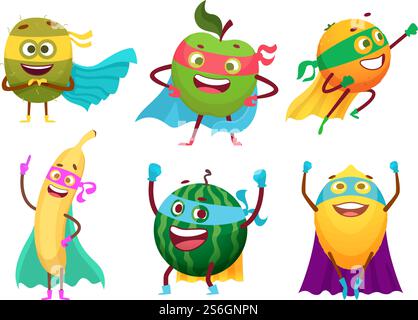 Fruits de super-héros. Légumes nourriture saine mascotte héros costumes orange jardin pomme baies personnages vectoriels. Fruit Superhero, héros avec superpuissance, banane ou illustration de pomme. Fruits de super-héros. Légumes nourriture saine mascotte héros costumes orange jardin pomme baies personnages vectoriels Illustration de Vecteur