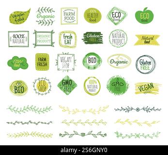 Emblèmes écologiques. Logo organique, bordures de feuilles vertes. Timbres d'aliments frais naturels. Griffonner des branches, ornement nature. Autocollants Vector Healthy Products. Éco botanique saine, illustration d'autocollant de santé organique. Emblèmes écologiques. Logo organique, bordures de feuilles vertes. Timbres d'aliments frais naturels. Griffonner des branches, ornement nature. Autocollants Vector Healthy Products Illustration de Vecteur