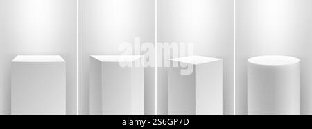 Scène du musée. Podium de cubes réalistes, affichages d'exposition 3D. Présentoirs géométriques de produits vierges pour galerie. Spotlight éclaire l'ensemble de vecteurs piédestaux. Musée du podium réaliste, illustration de boîte de piédestal vierge. Scène du musée. Podium de cubes réalistes, affichages d'exposition 3D. Présentoirs géométriques de produits vierges pour galerie. Spotlight éclaire l'ensemble de vecteurs piédestaux Illustration de Vecteur