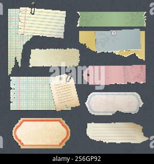 Papier pour scrapbook. Vieux autocollants vierges antiques rayés ou carte pour la collection vectorielle de papiers de mémos de journal. Page de note d'illustration rétro, papier grunge papier note. Papier pour scrapbook. Vieux autocollants vierges antiques rayés ou carte pour la collection vectorielle de papiers de mémos de journal Illustration de Vecteur
