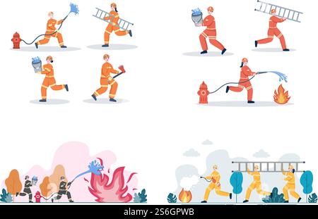 Pompiers avec des moteurs d'incendie de maison, aider les gens et les animaux, utilisant l'équipement de sauvetage dans diverses situations. Illustration vectorielle Illustration de Vecteur