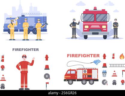 Pompiers avec des moteurs d'incendie de maison, aider les gens et les animaux, utilisant l'équipement de sauvetage dans diverses situations. Illustration vectorielle Illustration de Vecteur