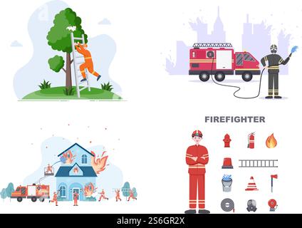 Pompiers avec des moteurs d'incendie de maison, aider les gens et les animaux, utilisant l'équipement de sauvetage dans diverses situations. Illustration vectorielle Illustration de Vecteur