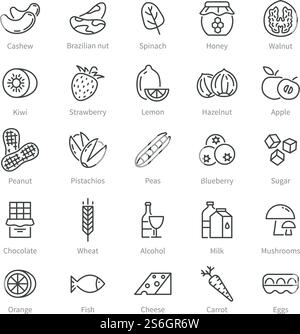 Allergènes alimentaires. Icônes allergènes simples. Alcool et graines, noix, miel. Cœliaque, intolérance aux ingrédients du gluten. Symboles vectoriels des étiquettes de santé. Illustration symbole d'allergie alimentaire, gluten et lactose. Allergènes alimentaires. Icônes allergènes simples. Alcool et graines, noix, miel. Cœliaque, intolérance aux ingrédients du gluten. Symboles vectoriels des étiquettes de santé Illustration de Vecteur