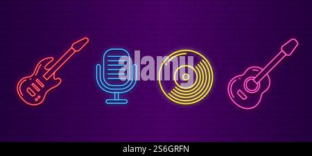 Icônes de musique. Enseignes d'instruments de musique au néon. Guitares, microphone et symboles de lumière de disque cd pour les médias, bar karaoké, ensemble de vecteurs de récompenses de festival. Instrument de musique au néon, illustration électrique musicale. Icônes de musique. Enseignes d'instruments de musique au néon. Guitares, microphone et symboles de lumière de disque cd pour médias, bar karaoké, festival ou jeu de vecteurs de récompenses Illustration de Vecteur