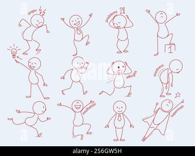 Personnages Stickman. Personne d'affaires dans le style doodle expressions mignonnes homme drôle poses gestionnaire de bureau travaillant des croquis de ligne vectorielle. Stickman expression, fatigue, exultation et affreuse illustration. Personnages Stickman. Personne d'affaires dans le style doodle expressions mignonnes homme drôle poses gestionnaire de bureau travaillant des croquis de ligne vectorielle Illustration de Vecteur