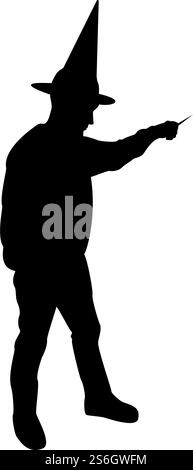 Le sorcier silhouette tient la baguette magique astuce ondulant sorcellerie concept magicien sorcier fantaisie personne Warlock homme en robe avec bâton magique sorcellerie dans le manteau chapeau mage conjure mystère idée enchantement couleur noire illustration vectorielle style plat image simple. Le sorcier silhouette tient la baguette magique astuce ondulant sorcellerie concept magicien sorcier fantaisie personne Warlock homme en robe avec bâton magique sorcellerie dans le manteau chapeau mage conjure mystère idée enchantement noir couleur vecteur illustration plat style image Illustration de Vecteur