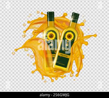 Huile de tournesol. Vector réaliste bouteilles d'huile gouttes et éclaboussures d'or. Illustration bouteille d'huile jaune or, tournesol organique et liquide. Huile de tournesol. Vector réaliste bouteilles d'huile gouttes et éclaboussures d'or Illustration de Vecteur