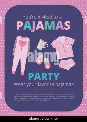 Affiche de fête de pyjama. Invitation pour la fête de nuit enfants et parents vêtements de nuit vêtements décontractés grand vecteur de fête de lit. Illustration pyjama partie, nuit de sommeil titre dans la chemise de nuit. Affiche de fête de pyjama. Invitation pour la fête de nuit enfants et parents vêtements de nuit vêtements décontractés grand vecteur de fête de lit Illustration de Vecteur