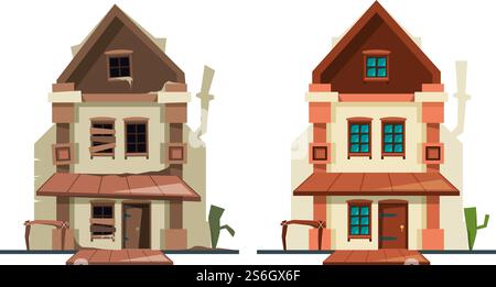 Maison abandonnée. Réparer l'extérieur du vieux bâtiment du chalet fixant l'objet architectural de nouvelles images plates de vecteur de maison. Réparation, illustration du bâtiment de la maison d'entretien. Maison abandonnée. Réparer l'extérieur du vieux bâtiment du chalet fixant l'objet architectural de nouvelles images plates de vecteur de maison Illustration de Vecteur