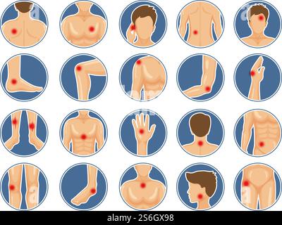 Icône douleur corporelle. Parties d'anatomie humaine épaules jambes avaient des blessures physiques points de douleur rouges images vectorielles. Ensemble de points douleur, traumatisme articulaire, dos et illustration musculaire. Icône douleur corporelle. Parties d'anatomie humaine épaules jambes avaient des blessures physiques points de douleur rouges images vectorielles Illustration de Vecteur