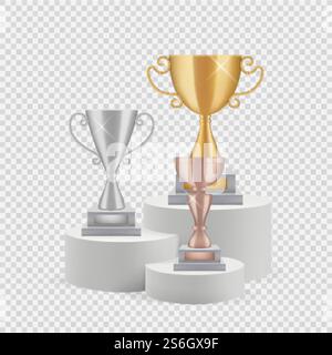 Trophée sur le podium. Tasses dorées, argentées et bronze isolées sur fond transparent. Attribue un ensemble de vecteurs. Podium sport, vainqueur de l'illustration. Trophée sur le podium. Tasses dorées, argentées et bronze isolées sur fond transparent. Attribue un ensemble de vecteurs Illustration de Vecteur