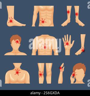 Blessure physique. Parties du corps épaules traumatisme douleur jambes vecteur de symboles plats de style de vie sain. Illustration traumatisme physique de blessure humaine, points de corps de douleur. Blessure physique. Parties du corps épaules traumatisme douleur jambes vecteur de symboles plats de style de vie sain Illustration de Vecteur