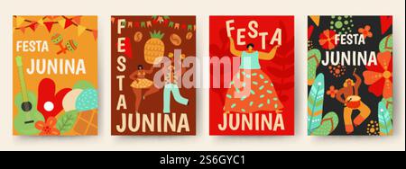 Affiche Festa Junina. Carnaval traditionnel du brésil. Bannières de soirée dansantes latines. Guitare et maracas, fleurs dansent les cartes des gens. Illustration vectorielle de célébration musicale de juin. Fête du brésil. Affiche Festa Junina. Carnaval traditionnel du brésil. Bannières de soirée dansantes latines. Guitare et maracas, fleurs dansent les cartes des gens. Illustration vectorielle de célébration musicale de juin Illustration de Vecteur