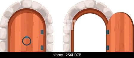 Ouvrez les portes fermées. Les portes anciennes en acier et en bois extérieures de vecteur antique isolent les images. Porte en bois dans le château de la maison, entrée illustration en bois. Ouvrez les portes fermées. Les portes anciennes en acier et en bois extérieures de vecteur antique isolent les images Illustration de Vecteur