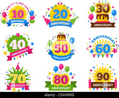 Numéros d'anniversaire. L'année de fête de célébration a célébré le flyer de numéro pour l'ensemble de vecteur Happiness Cheers. Joyeuse célébration, fête, badge d'anniversaire et illustration d'événement de félicitations. Numéros d'anniversaire. L'année de fête de célébration a célébré le flyer de numéro pour l'ensemble de vecteur Happiness Cheers Illustration de Vecteur