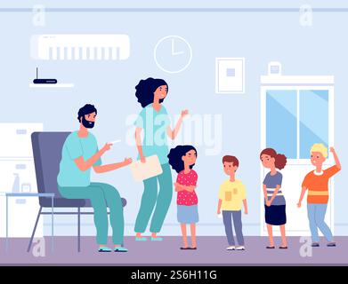 Vaccination des enfants. Les visiteurs de l'hôpital, les enfants fréquentent le médecin. Homme avec seringue et enfant émotionnel. Soins infirmiers, illustration vectorielle de prévention de la grippe. Vaccination des enfants contre le virus, soins immunitaires. Vaccination des enfants. Les visiteurs de l'hôpital, les enfants fréquentent le médecin. Homme avec seringue et enfant émotionnel. Soins infirmiers, illustration vectorielle de prévention de la grippe Illustration de Vecteur