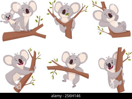 Koala Bear. Animal à fourrure mignon de la faune de zoo australie personnages de dessin animé douche symboles collection vectorielle. Illustration koala mammifère à l'eucalyptus, ours joyeux adorable sauvage. Koala Bear. Animal à fourrure mignon de la faune de zoo australie personnages de dessin animé douche symboles collection vectorielle Illustration de Vecteur
