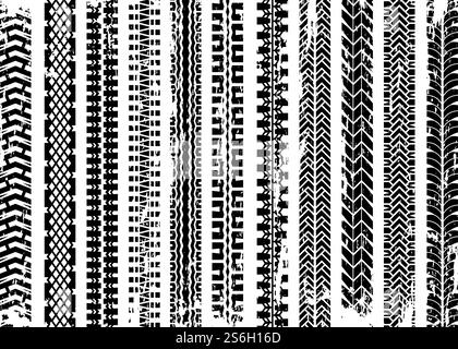 Protecteurs de pneus. Roues traces sur les routes les marques de pneu de camion vecteur grunge illustrations vectorielles. Camion monochrome protecteur, pneu de trace, piste graphique de transport. Protecteurs de pneus. Roues traces sur les routes les marques de pneu de camion vecteur grunge illustrations vectorielles Illustration de Vecteur