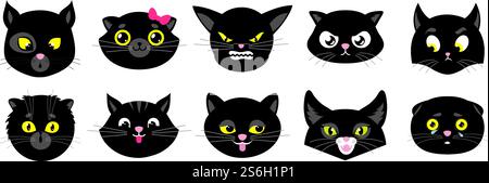 Visages de chats noirs. Chatons plats isolés, avatars de chat d'halloween. Autocollants d'animaux émotionnels. Emoji mignon. Vecteur drôles de têtes d'animaux de compagnie chaton noir face, sourire de dessin animé de chaton, illustration joyeuse d'émotion. Visages de chats noirs. Chatons plats isolés, avatars de chat d'halloween. Autocollants d'animaux émotionnels. Mignons personnages emoji clipart. Collection vectorielle de têtes d'animaux drôles Illustration de Vecteur