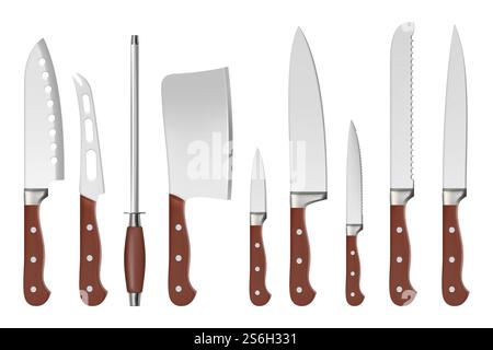 Couteaux. Boucher couteaux à poignée aiguisée professionnels ustensiles de cuisine accessoires de restaurant pour cuisinier vecteur gros plan photos isolées. Illustration ustensiles de cuisine pour boucher, outil de couteau. Couteaux. Boucher couteaux à poignée aiguisée professionnels ustensiles de cuisine accessoires de restaurant pour cuisinier vecteur gros plan photos isolées Illustration de Vecteur