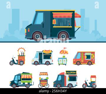 Ensemble camion alimentaire. Livraison de voitures festival transport Hawkers produits cuisine sur les images plates de vecteur de camion de restauration rapide de rue. Transport de voiture, service de nourriture de camion, illustration de rue de festival. Ensemble camion alimentaire. Livraison de voitures festival transport Hawkers produits cuisine sur les images plates de vecteur de camion de restauration rapide de rue Illustration de Vecteur