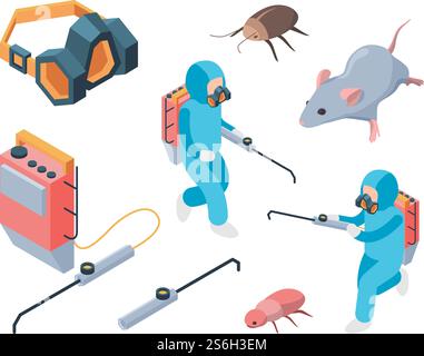 Destruction des ravageurs. Poison de fumigation contrôlant les insectes nuisibles vecteur de service isométrique. Illustration lutte antiparasitaire, désinfection cafard et rat. Destruction des ravageurs. Poison de fumigation contrôlant les insectes nuisibles vecteur de service isométrique Illustration de Vecteur