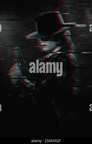 Silhouette : une détective femme dans un manteau et un chapeau avec un pistolet dans ses mains. Cliché noir et blanc photo dans l'effet glitch. Banque D'Images