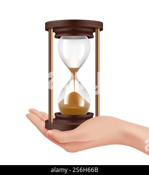 Montres de sable à la main. Concept de gestion du temps main réaliste et illustration vectorielle d'horloges rétro historiques. Sablier heure, horloge minuterie sandglass. Montres de sable à la main. Concept de gestion du temps main réaliste et illustration vectorielle d'horloges rétro historiques Illustration de Vecteur