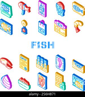 Ensemble d'icônes de collection de produits de marché aux poissons vecteur. Poisson fumé et congelé, tentacules de pieuvre et crevettes pelées, aquarium de magasin et illustrations en couleurs isométriques de l'étang. Ensemble d'icônes de collection de produits de marché aux poissons vecteur Illustration de Vecteur