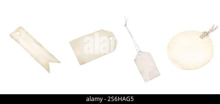 Ensemble d'étiquettes en papier vintage de différentes formes. Illustration numérique aquarelle. Étiquette mignonne sur une ficelle avec un nœud isolé sur un fond blanc. Banque D'Images