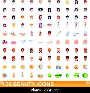 ensemble de 100 icônes de beauté. Illustration de dessin animé de 100 icônes de beauté ensemble de vecteur isolé sur fond blanc. ensemble de 100 icônes de beauté, style de dessin animé Illustration de Vecteur