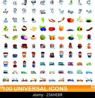 jeu d'icônes universelles de 100. Illustration de dessin animé de 100 icônes universelles ensemble de vecteur isolé sur fond blanc. 100 icônes universelles définies, style de dessin animé Illustration de Vecteur