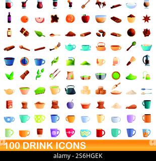 ensemble de 100 icônes de boisson. Illustration de dessin animé de 100 icônes de boisson ensemble de vecteur isolé sur fond blanc. 100 icônes de boisson ensemble, style de dessin animé Illustration de Vecteur