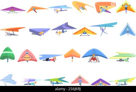 Icônes de planeur suspendu définies. Ensemble de dessins animés d'icônes vectorielles de planeur suspendu pour la conception Web. Icônes de planeur accrocher ensemble, style de bande dessinée Illustration de Vecteur