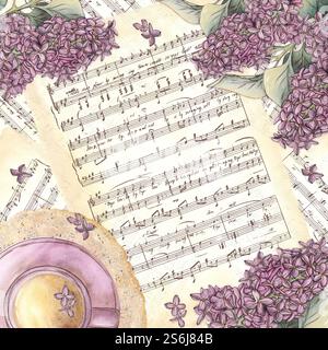 Une composition avec des fleurs de lilas, une cuillère à café vintage avec un noeud en ruban de satin, du thé et une tasse sur une serviette en dentelle. Illustration aquarelle isolée sur Banque D'Images