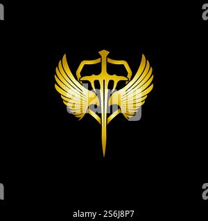 Épée à ailes dorées avec icône de vecteur de bouclier. Illustration de Vecteur