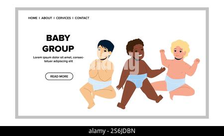 Baby Group Relax in nursery Children Room Vector. Groupe de bébés multiraciaux souriants jouant ensemble dans la salle de jeux de la maternelle. Personnages européens, asiatiques et africains Kids Web Flat Cartoon illustration. Baby Group Relax in nursery Children Room Vector Illustration de Vecteur
