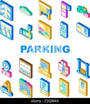 Parking transport Collection icônes Set Vector. Billet de stationnement électronique et carte d'accès, repère GPS sur la carte et illustrations en couleur des panneaux isométriques des portes électroniques. Parking transport Collection icônes Set Vector Illustration de Vecteur