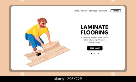 Tapis stratifié Carpenter homme dans le vecteur de maison. Bricoleur de sol stratifié dans la chambre appartement. Ouvrier posant le panneau en bois sur le sol. Illustration de dessin animé Web Flat de rénovation de caractère. Tapis stratifié Carpenter homme dans le vecteur de maison Illustration de Vecteur