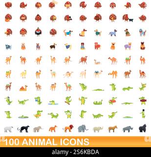 ensemble de 100 icônes d'animaux. Illustration de dessin animé de 100 icônes animales ensemble de vecteur isolé sur fond blanc. ensemble de 100 icônes animales, style de dessin animé Illustration de Vecteur