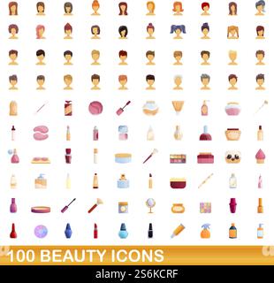 ensemble de 100 icônes de beauté. Illustration de dessin animé de 100 icônes de beauté ensemble de vecteur isolé sur fond blanc. ensemble de 100 icônes de beauté, style de dessin animé Illustration de Vecteur