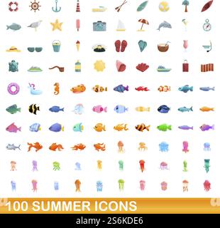 ensemble d'icônes d'été 100. Illustration de dessin animé de 100 icônes d'été ensemble de vecteur isolé sur fond blanc. ensemble d'icônes d'été 100, style de dessin animé Illustration de Vecteur