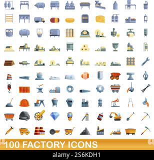 100 icônes définies par défaut. Illustration de dessin animé de 100 icônes d'usine ensemble de vecteur isolé sur fond blanc. 100 icônes d'usine définies, style de dessin animé Illustration de Vecteur