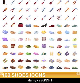 ensemble de 100 icônes de chaussures. Illustration de dessin animé de 100 icônes de chaussures ensemble vecteur isolé sur fond blanc. 100 icônes de chaussures définies, style de bande dessinée Illustration de Vecteur