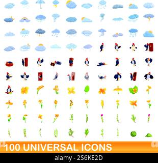 jeu d'icônes universelles de 100. Illustration de dessin animé de 100 icônes universelles ensemble de vecteur isolé sur fond blanc. 100 icônes universelles définies, style de dessin animé Illustration de Vecteur