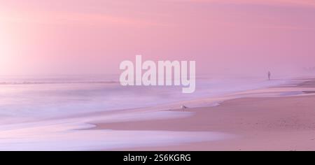 Scène de plage tranquille mettant en valeur les vagues douces de l'océan lors d'un coucher de soleil calme, enveloppé dans une ambiance paisible et apaisante capturant la beauté Banque D'Images