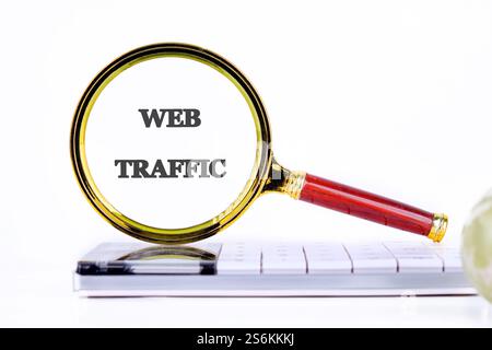 Une loupe se concentre sur les mots trafic Web, illustrant l'importance de la technologie dans les stratégies commerciales liées à la présence en ligne. Banque D'Images
