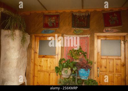 Goreme, Cappadoce, Turquie - 22 novembre 2024 : portes en bois pour toilettes masculines et féminines dans une maison au décor rustique vintage Banque D'Images